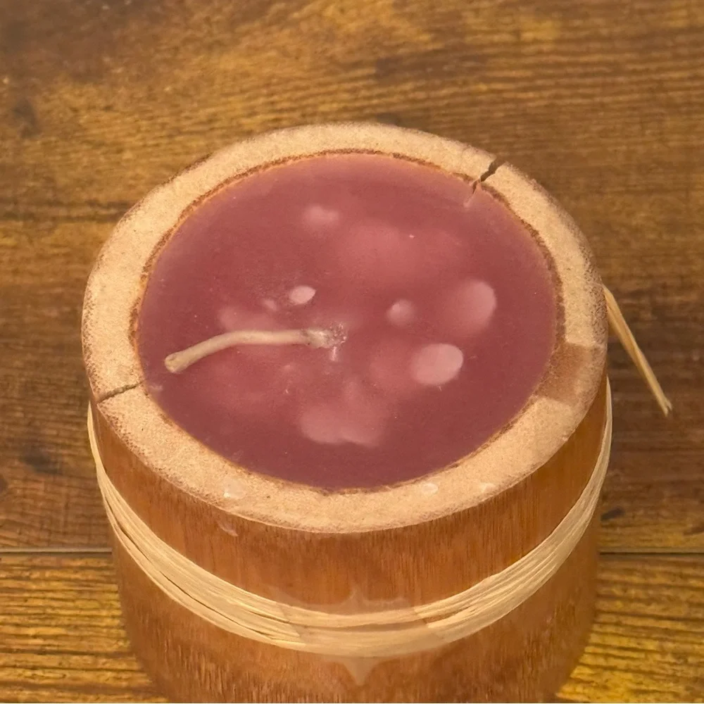 Rustic Wood Bamboo Style Candle ~3in‎ Plum Wax Raffia Tie Boho Decor